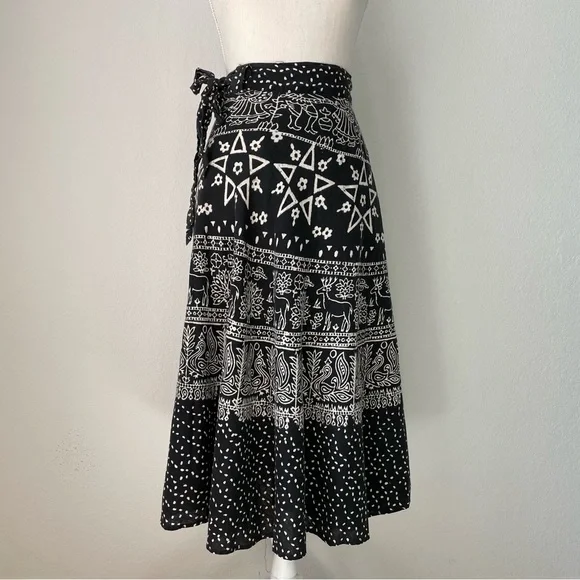 VINTAGE WOVEN COTTON PRINTED WRAP SKIRT PENTAGRAM PEACOCK PAISLEY DEER FLORAL - Picture 2 of 13